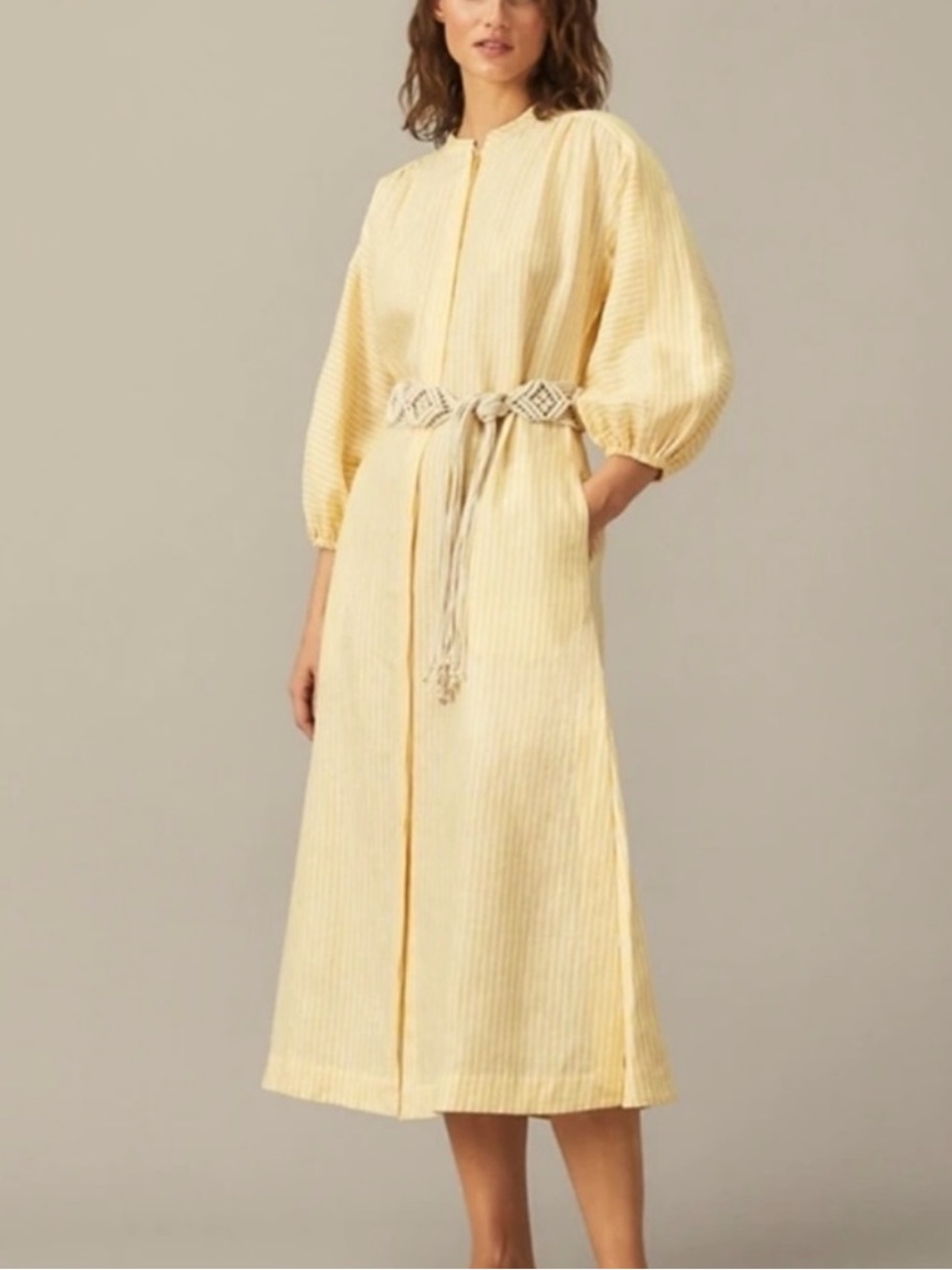 Tory Burch  Balloon-Sleeve Linen Midi Dress with Woven Belt